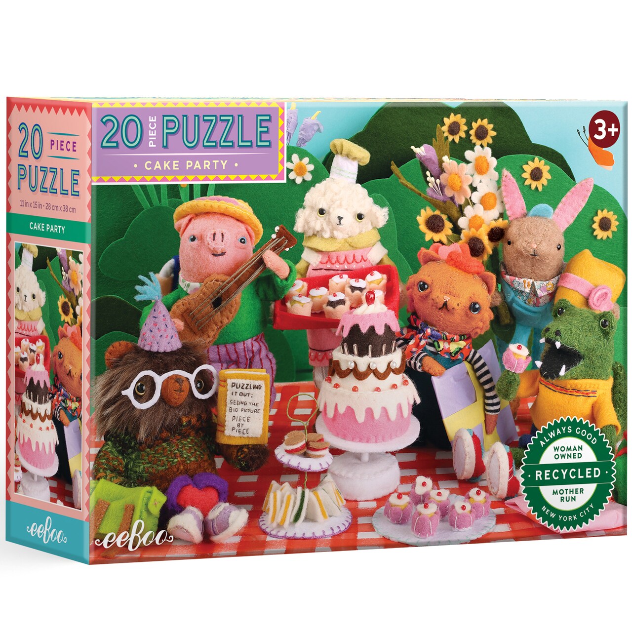 eeBoo: Cake Party - 20 Piece Puzzle - 11x15" Jigsaw, Oversized Pieces, Adorable Felt Cat, Rabbit & Other Animals Scene, Preschool, Children Kid Age 3+